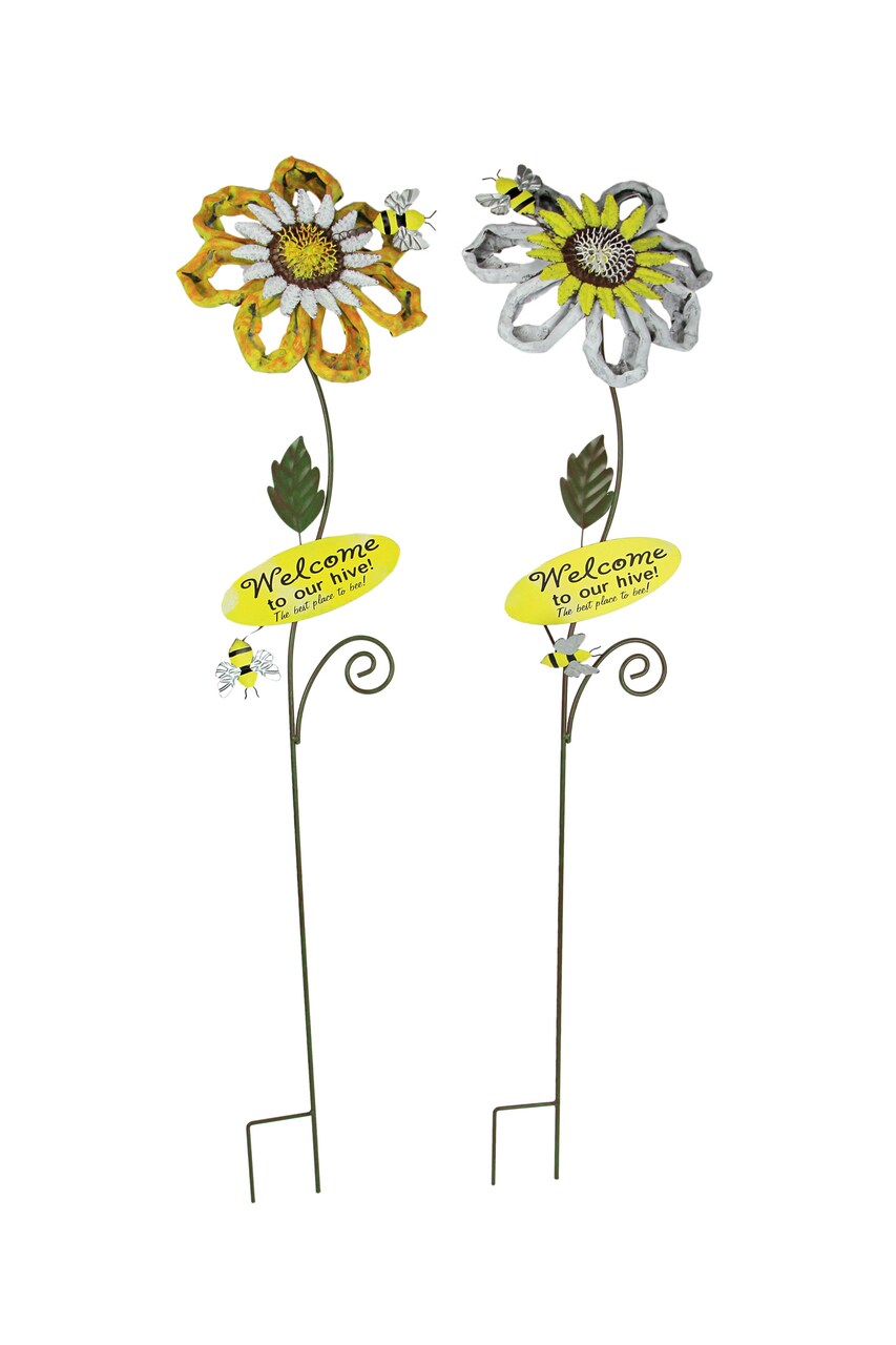 Set of 2 White Yellow Honey Bee Sunflower Garden Stake Welcome Sign Yard Decor